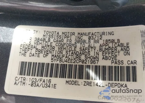 2012 Toyota Corolla L from USA, damaged, VIN 5YFBU4EE2CP021967